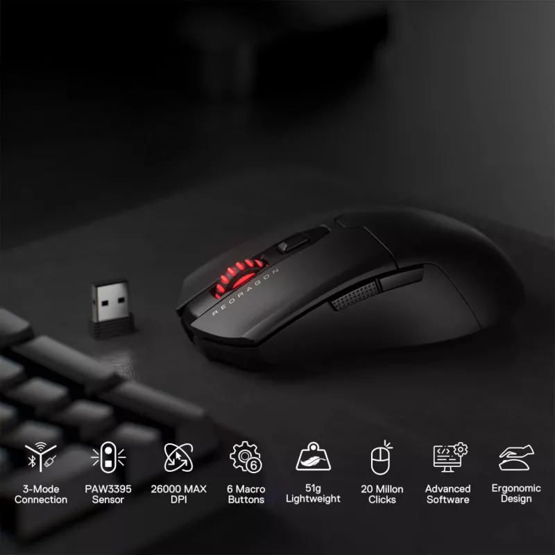 Redragon FYZU M995 PRO Ratón gaming inalámbrico, negro
