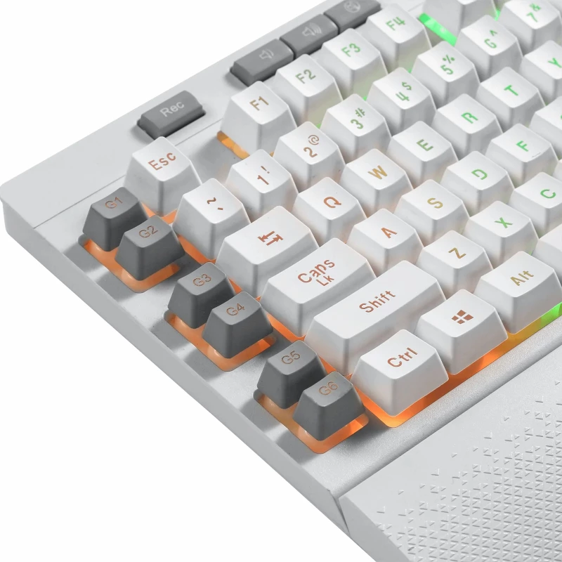 REDRAGON SHIVA Teclado de membrana - Blanco, retroiluminación RGB Full-Size, 6 teclas macro, reposamuñecas extraíble, USB con cable