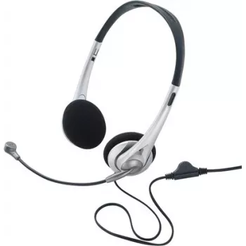Renkforce RF-5045268 Auriculares on-ear con cable, micrófono de diadema y control de volumen en línea, negro/plata