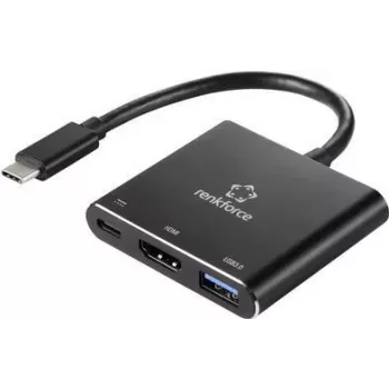 Renkforce RF-5133676 Adaptador multipuerto USB-C a HDMI con Power Delivery y USB-A, 4K, 20 cm, negro