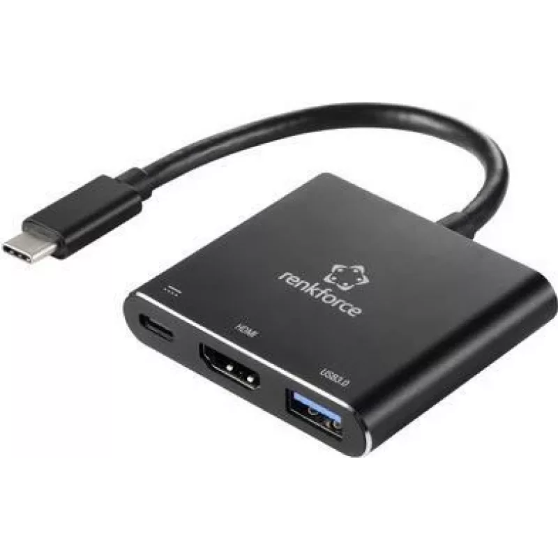 Renkforce RF-5133676 Adaptador multipuerto USB-C a HDMI con Power Delivery y USB-A, 4K, 20 cm, negro
