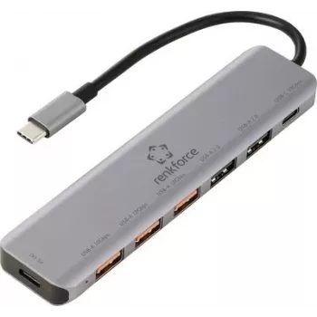Renkforce RF-7465828 hub USB-C 6 en 1, 3x USB-A 3.0, datos USB-C, HDMI 4K, 100W PD, gris