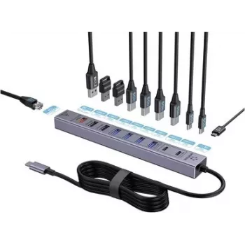 Renkforce RF-7465830 Hub USB 3.0 interno USB-C de 10 puertos, 5 Gbit/s, alimentado por SATA, Gris