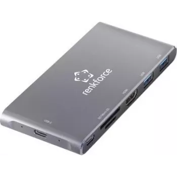 Hub USB-C Renkforce RF-PCR-550 con HDMI, 3x USB-A, PD, lector de tarjetas SD/microSD - gris aluminio RF-4599772