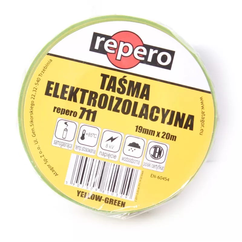 REPERO 711E Cinta aislante eléctrica de PVC amarillo-verde 19 mm x 20 m