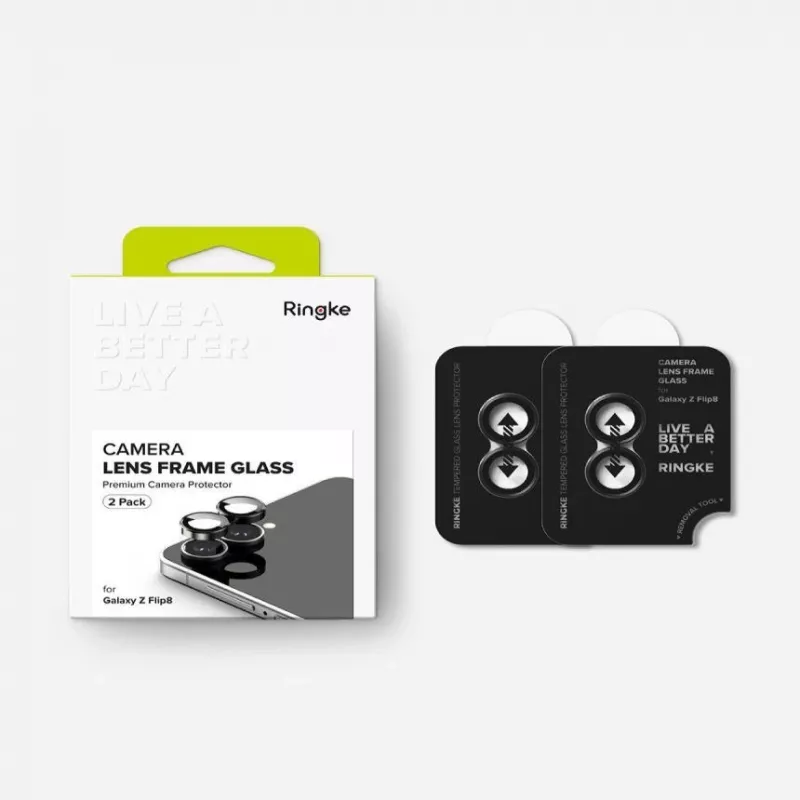 Ringke Marco de cámara pack de 2 para Samsung Galaxy Z Flip 8 - protector de objetivo de aleación de aluminio negro con cristal templado 9H
