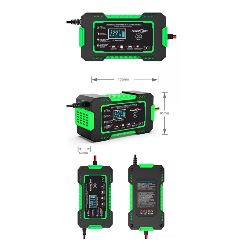 RJ TIANYE FreedConn RJ-C 120501A Cargador de batería automático inteligente 12V 6A para plomo-ácido AGM GEL EFB con pantalla LCD