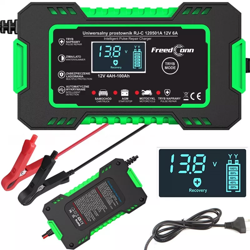 RJ TIANYE FreedConn RJ-C 120501A Cargador de batería automático inteligente 12V 6A para plomo-ácido AGM GEL EFB con pantalla LCD