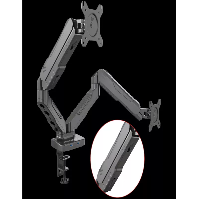 Rockstable RS-MM007 Soporte avanzado para doble monitor - Pinza / Pasacables - 13 kg - 15-27