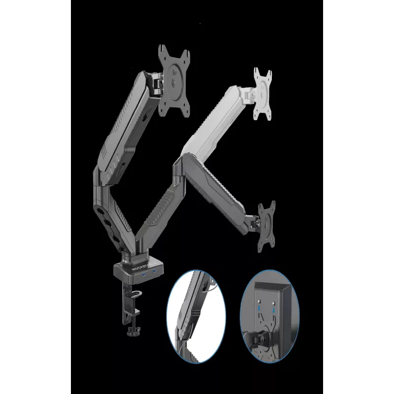 Rockstable RS-MM007 Soporte avanzado para doble monitor - Pinza / Pasacables - 13 kg - 15-27