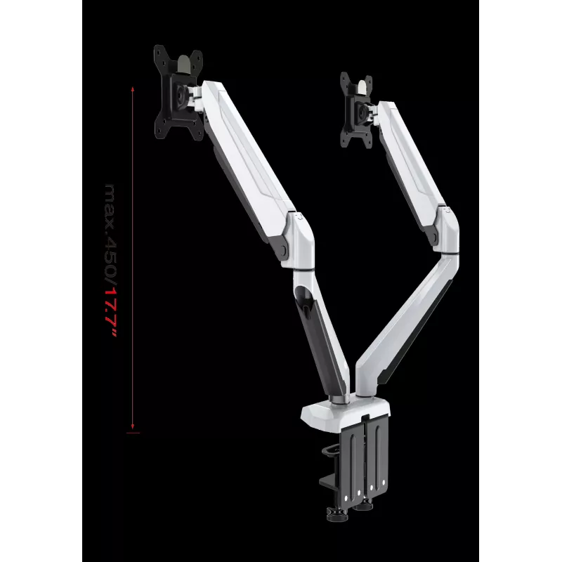 ROCKSTABLE RS-MM011W Soporte profesional para doble monitor - Abrazadera / Pasacables - 16 kg - 38,1 cm (15 pulgadas) - 81,3 cm (32 pulgadas) - 100 x 100 mm - Blanco