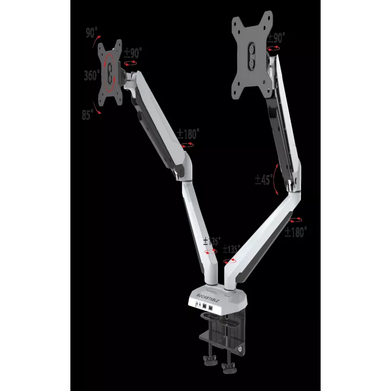 ROCKSTABLE RS-MM011W Soporte profesional para doble monitor - Abrazadera / Pasacables - 16 kg - 38,1 cm (15 pulgadas) - 81,3 cm (32 pulgadas) - 100 x 100 mm - Blanco