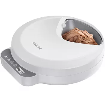 Comedero automático para gatos Rojeco F26 de 4 comidas con versión de botón y 2 acumuladores de frío (blanco)