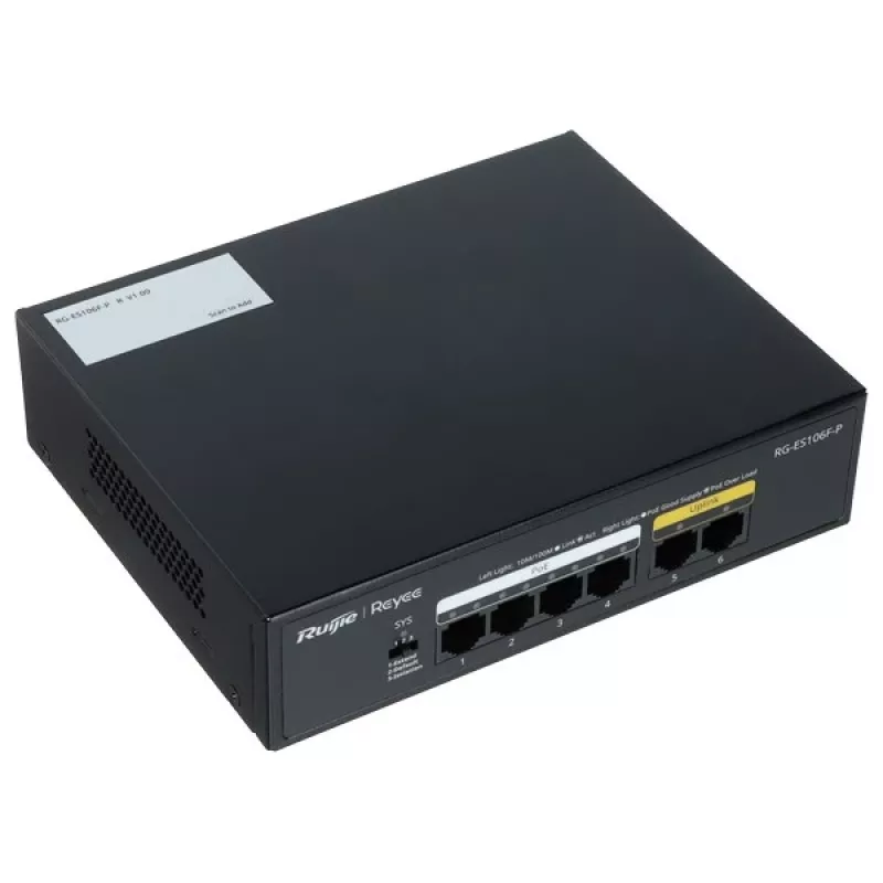 Switch Ruijie RG-ES106F-P 6 puertos Fast Ethernet PoE, 4 puertos PoE+, presupuesto 54W, no gestionado, negro