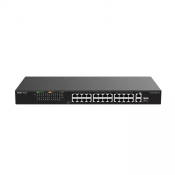 Switch Ruijie RG-ES126FGS-LP 24 puertos Fast Ethernet PoE+ con 2 uplinks Gigabit SFP, presupuesto PoE de 370W, montaje en rack
