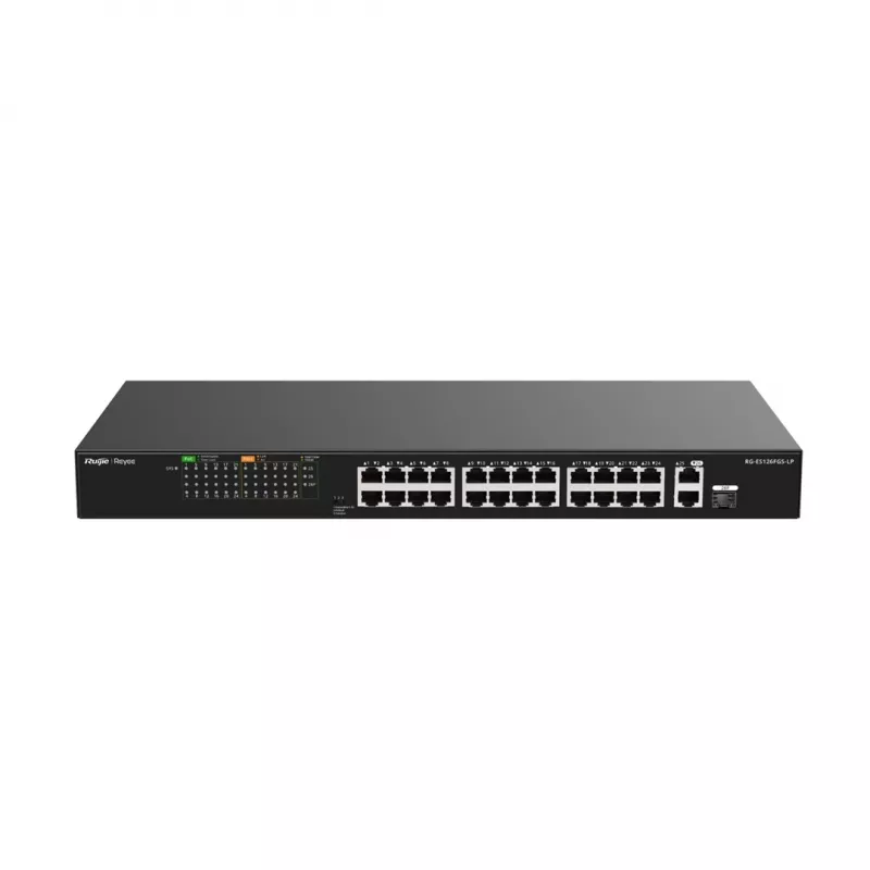 Switch Ruijie RG-ES126FGS-LP 24 puertos Fast Ethernet PoE+ con 2 uplinks Gigabit SFP, presupuesto PoE de 370W, montaje en rack