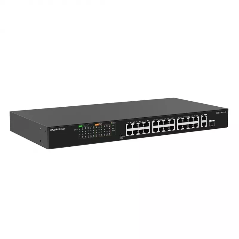 Switch Ruijie RG-ES126FGS-LP 24 puertos Fast Ethernet PoE+ con 2 uplinks Gigabit SFP, presupuesto PoE de 370W, montaje en rack