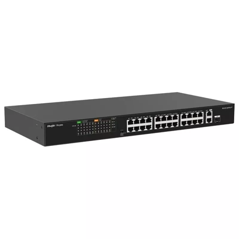 RUIJIE RG-ES126FGS-P Switch gestionado inteligente 24 puertos Gigabit PoE+ con 2 uplinks SFP, presupuesto 370W, montaje en rack, serie Reyee