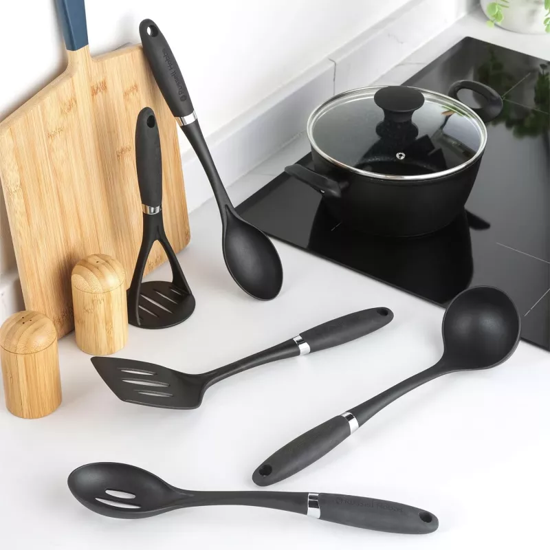 Russell Hobbs RH03026EU7 set de 5 utensilios de cocina con soporte giratorio, negro y plata