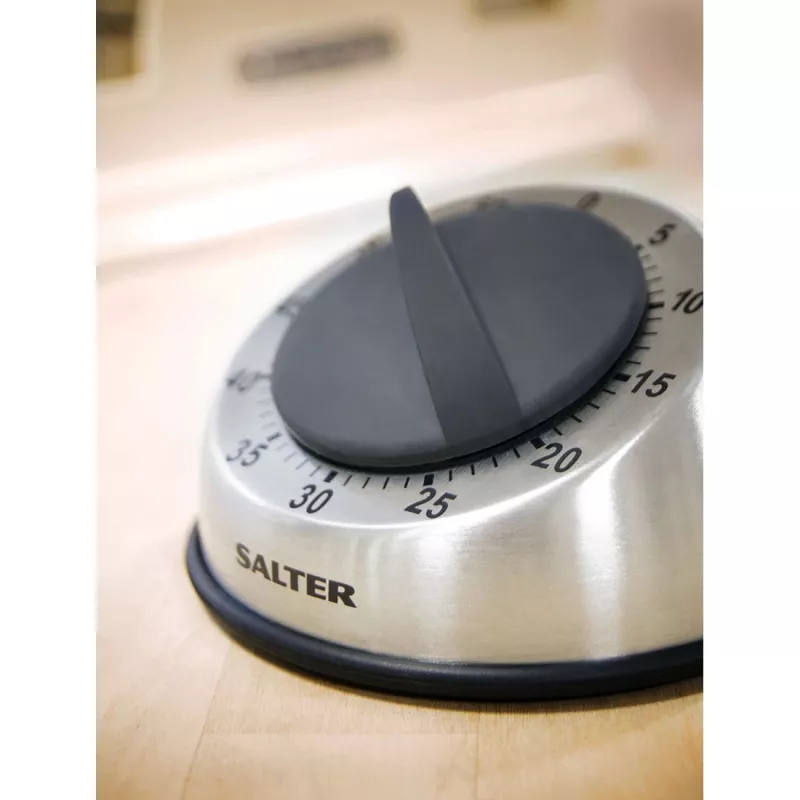 Temporizador mecánico Salter 338 SSBKXR15 de acero inoxidable - temporizador de cuerda de 60 minutos con señal acústica, plata