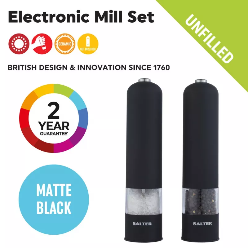 Salter 7524 BKXRUP3 Soft-Touch set de molinillos eléctricos, negro mate