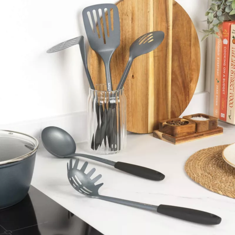 Salter BW13601DU Excellence set de 5 utensilios de cocina con soporte giratorio, negro y plata