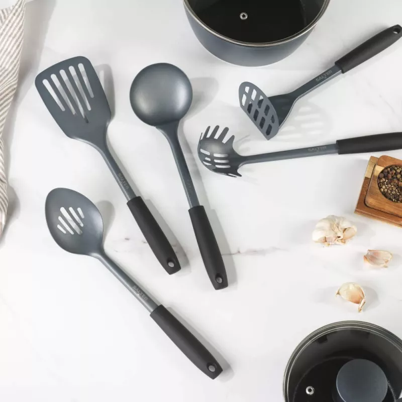 Salter BW13601DU Excellence set de 5 utensilios de cocina con soporte giratorio, negro y plata