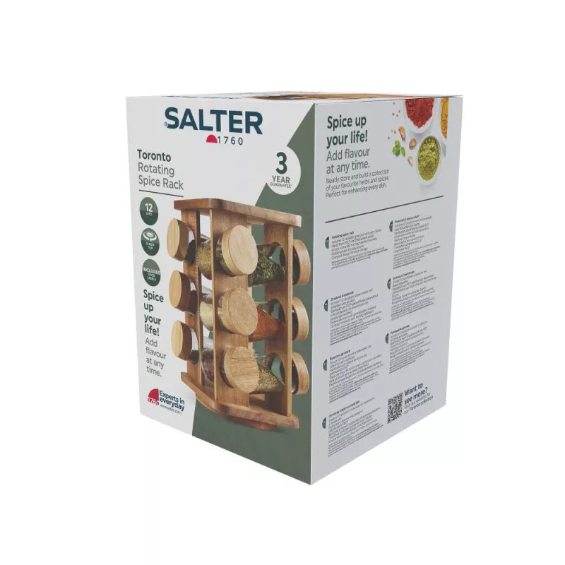 Salter BW14236 Toronto especiero giratorio - 8 tarros de vidrio con soporte de acero inoxidable, giro de 360°, plateado