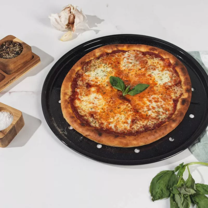 Salter BW14483 Brilliance bandeja para pizza de 33 cm, acero esmaltado, antiadherente sin PFAS, negro moteado