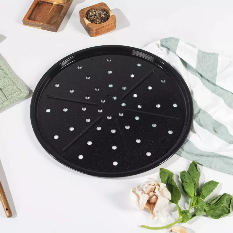 Salter BW14483 Brilliance bandeja para pizza de 33 cm, acero esmaltado, antiadherente sin PFAS, negro moteado
