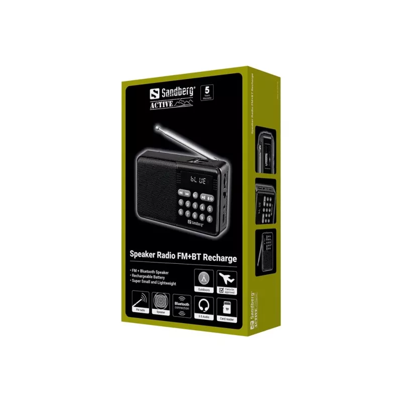 SANDBERG Speaker Radio FM+BT Recharge Altavoz Bluetooth portátil con radio FM, AUX, USB, MicroSD, 6W, Negro