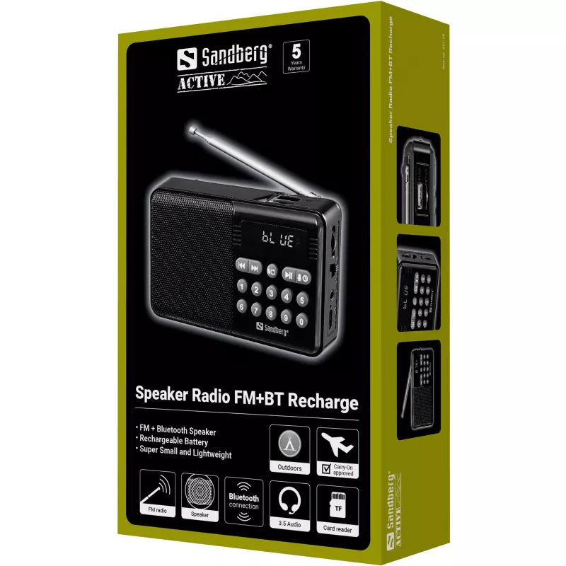 SANDBERG Speaker Radio FM+BT Recharge Altavoz Bluetooth portátil con radio FM, AUX, USB, MicroSD, 6W, Negro