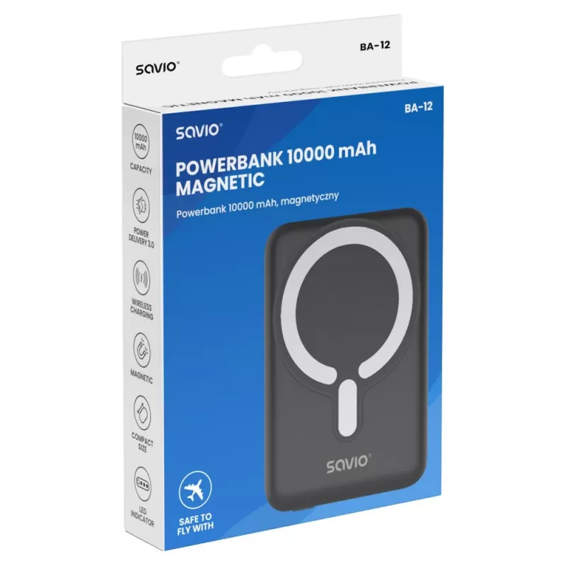 Savio BA-12 batería externa inalámbrica magnética 10000 mAh negra