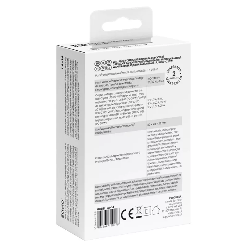 SAVIO LA-14 Cargador de pared de 20W con Power Delivery 3.0