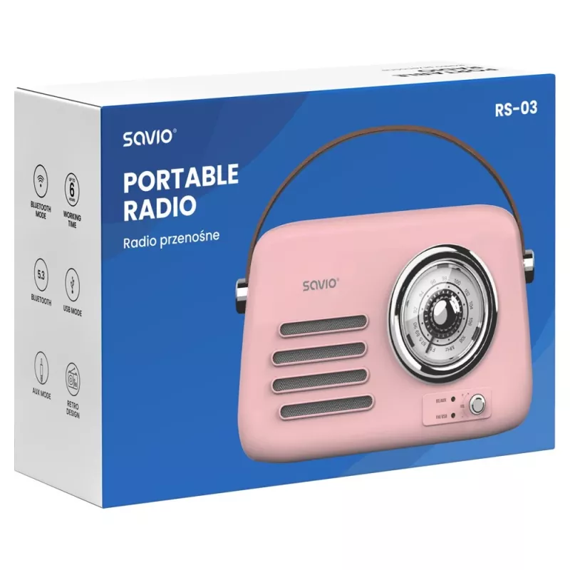 SAVIO RS-03 radio portátil FM/AM con reproducción MP3 USB/SD, rosa