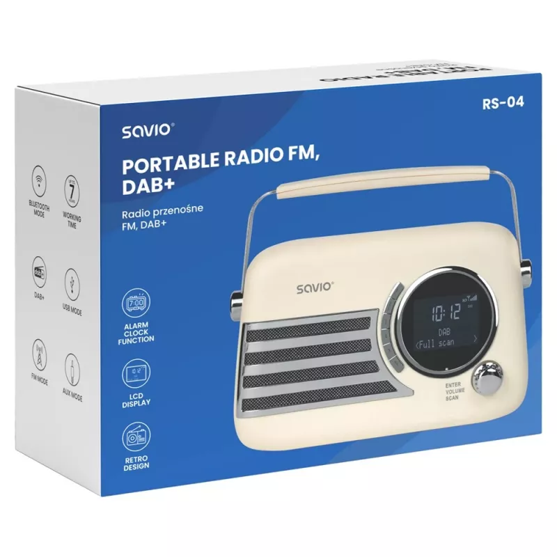 SAVIO RS-04 radio portátil DAB+ FM con batería recargable, pantalla LCD, doble alarma, negro