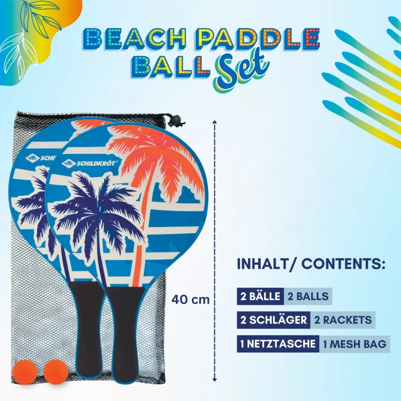 SCHILDKRÖT Set de palas de playa con pelota, 4 piezas, 2 palas de madera lacada, 2 pelotas de goma, 378 mm 970157