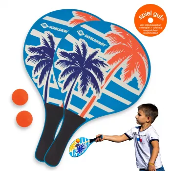 SCHILDKRÖT Set de palas de playa con pelota, 4 piezas, 2 palas de madera lacada, 2 pelotas de goma, 378 mm 970157