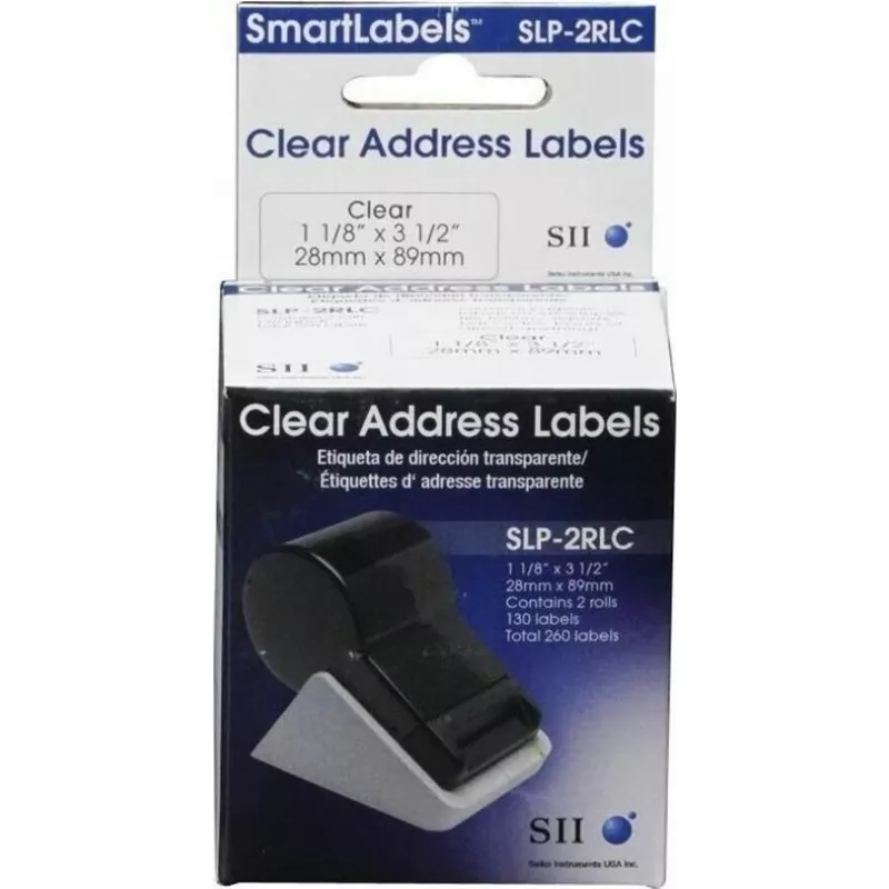 Seiko SLP-2RLC Etiquetas de dirección transparentes 28x89mm, 2 rollos, 260 etiquetas, Blanco, adhesivo permanente, térmica directa, para Smart Label Printer