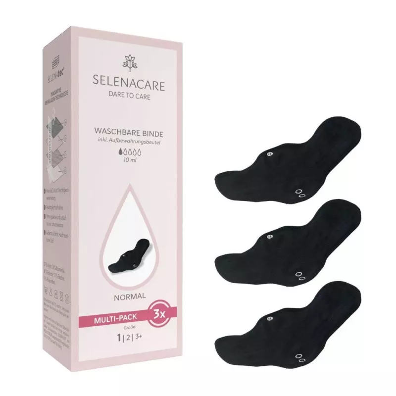 Selenacare Compresas lavables (pack de 3) - Compresas menstruales reutilizables de absorción normal, tejido suave de bambú y carbón, PUL impermeable, lavables a máquina, certificado Oeko-Tex