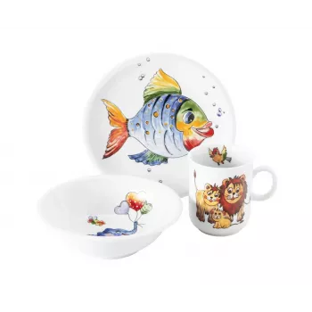 SELTMANN COLORFUL WILDLIFE set de vajilla infantil 3 piezas de porcelana - plato, cuenco, vaso - motivos animales