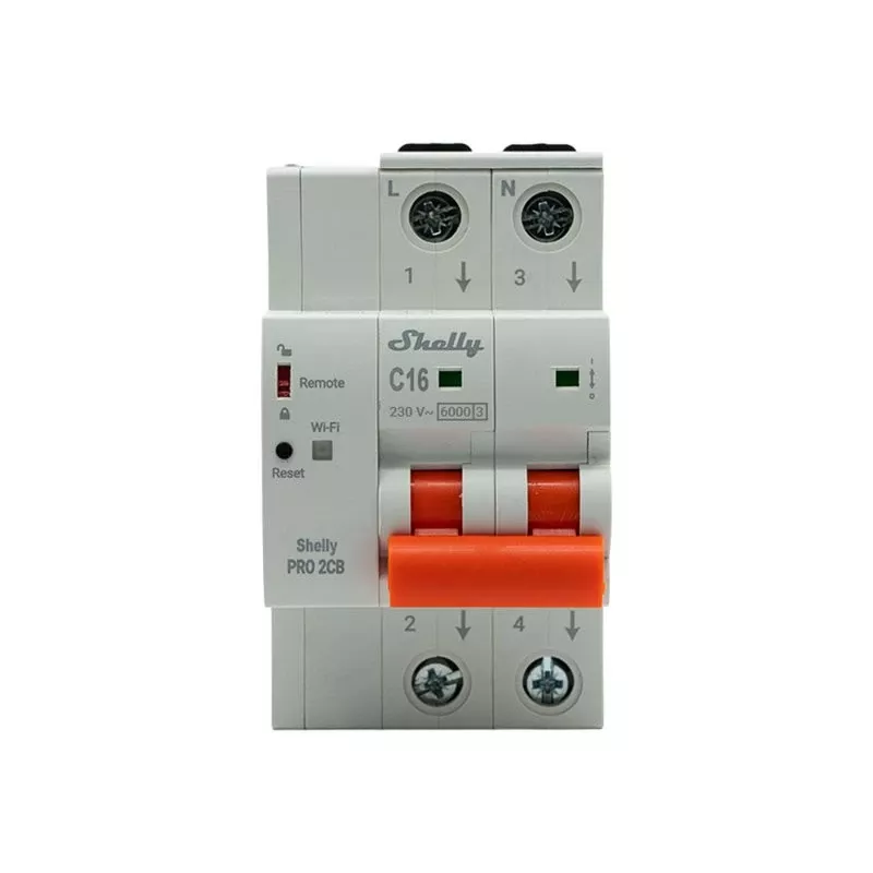 Shelly Pro 2CB C16 interruptor automático en miniatura inteligente, 2 polos, 16A, curva C, 6kA, WLAN/LAN/Bluetooth, medición de energía, carril DIN