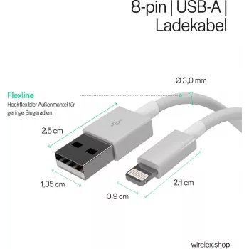 SHIVERPEAKS Flexline cable USB de carga y sincronización, USB-A a 8-Pin (Lightning), 2.0, ABS, blanco, 1,5m (FL31-12042)