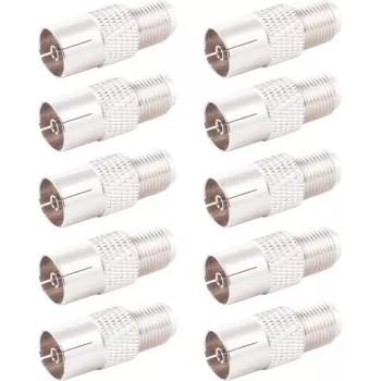 SHIVERPEAKS Adaptador coaxial IEC a Type-F, pack de 10, 75 ohmios, latón niquelado, conector hembra a conector hembra BS85324-SET10