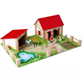 SIMBA-DICKIE granja con accesorios – gran parque de juego de granja con granero, establo, granjero, animales y herramientas de alimentación para niños de 3-8 años