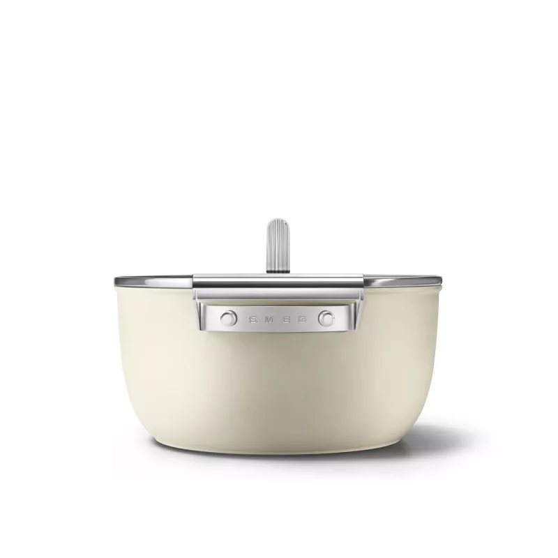 Smeg CSF2412CRM Olla de cocción lenta, 24 cm, revestimiento antiadherente cerámico, asa de acero inoxidable, crema mate