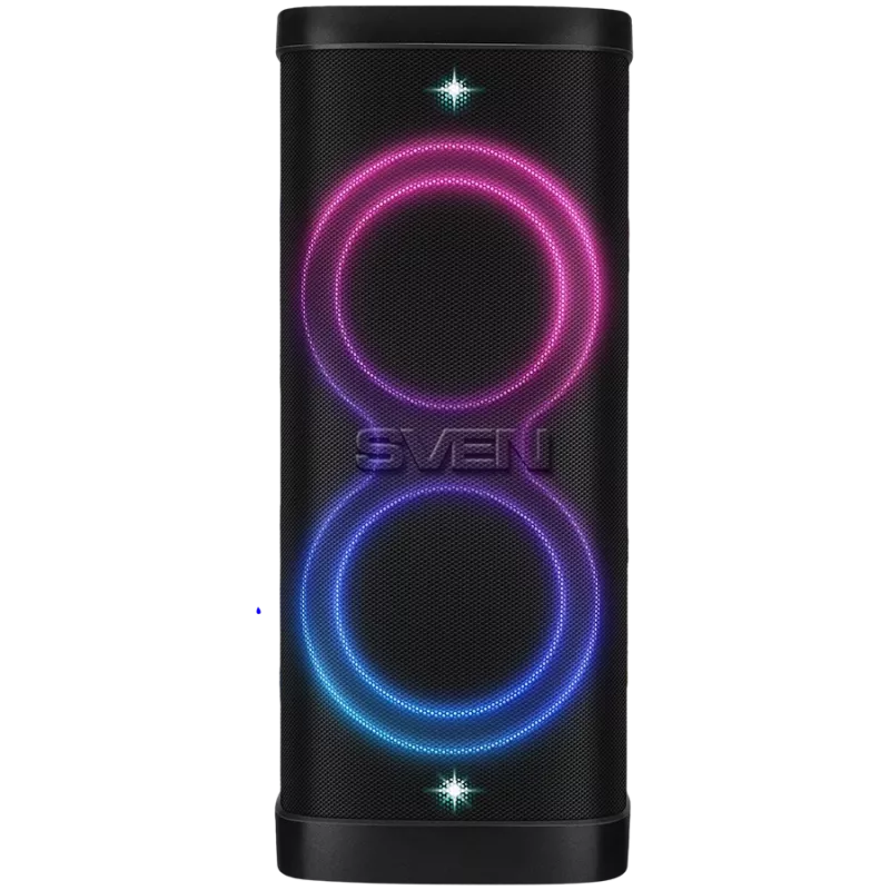 Altavoz Party-Box SVEN PS-1250, negro (300W, TWS, IPx4, Bluetooth, FM, USB, microSD, pantalla LED, 13500mAh)