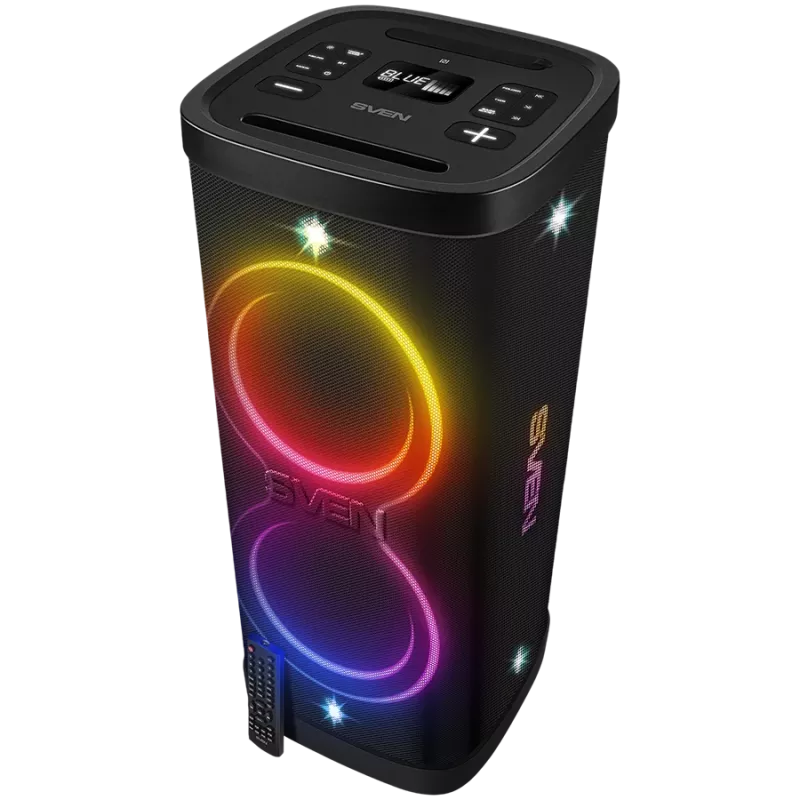 Altavoz Party-Box SVEN PS-1250, negro (300W, TWS, IPx4, Bluetooth, FM, USB, microSD, pantalla LED, 13500mAh)