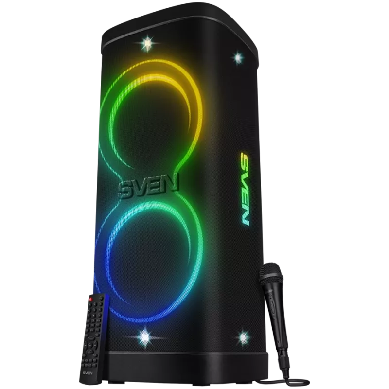 Altavoz Party-Box SVEN PS-1250, negro (300W, TWS, IPx4, Bluetooth, FM, USB, microSD, pantalla LED, 13500mAh)