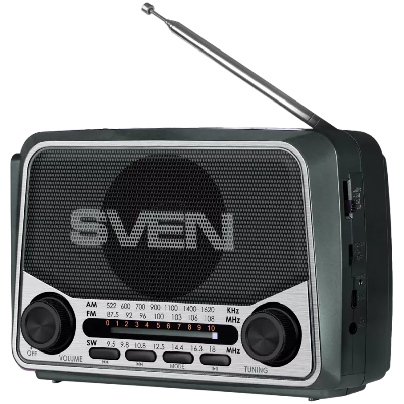 Altavoz SVEN SRP-150, gris (3W, Bluetooth, FM/AM/SW, USB, microSD, linterna, batería)